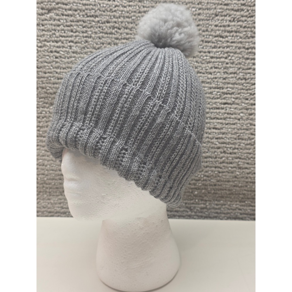 Gray Ribbed Knit Beanie Hat with Faux Fur Pom Pom Adult One Size Winter‎ Cap